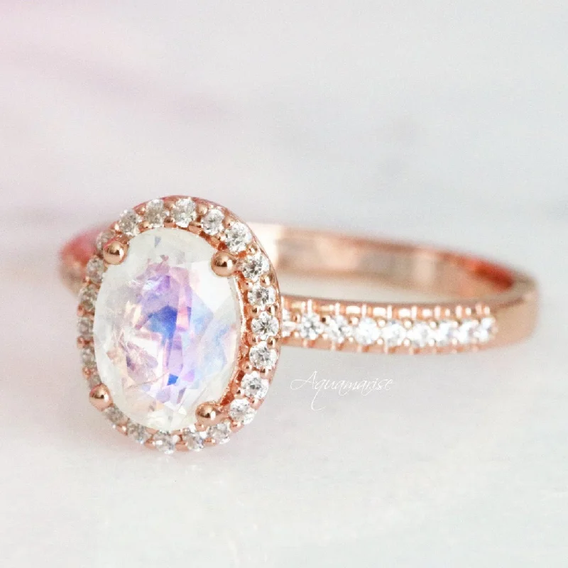 Women’s halo engagement rings-Iris Rainbow Moonstone Ring- 14K Rose Gold Vermeil