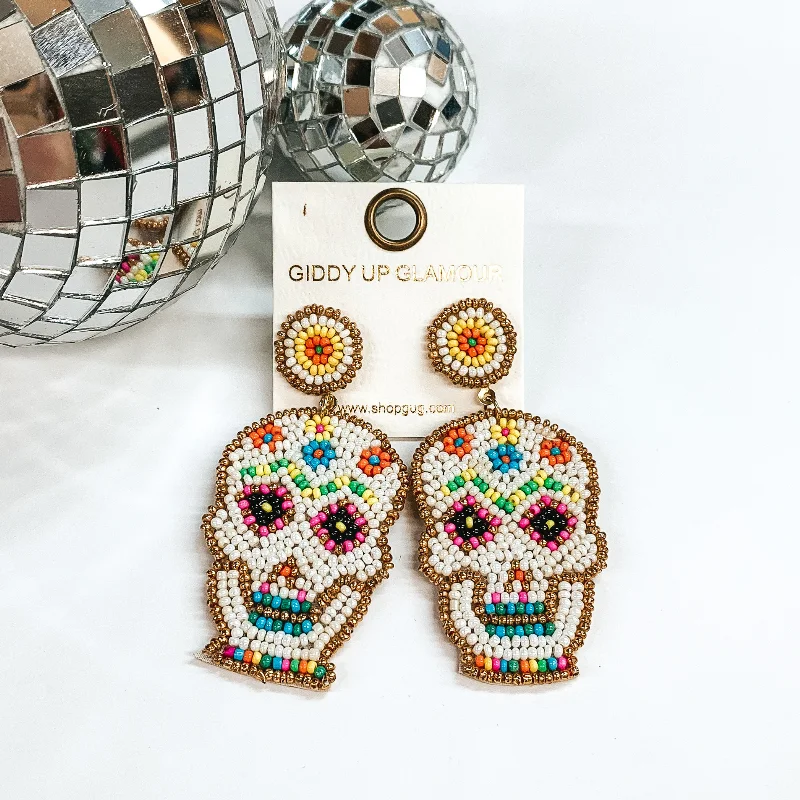 Women’s sterling silver hoop earrings-Seedbeaded Sugar Skull Post Earrings in White