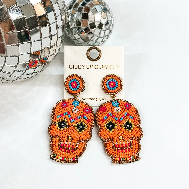 Women’s cuff earrings-Seedbeaded Sugar Skull Post Earrings in Orange