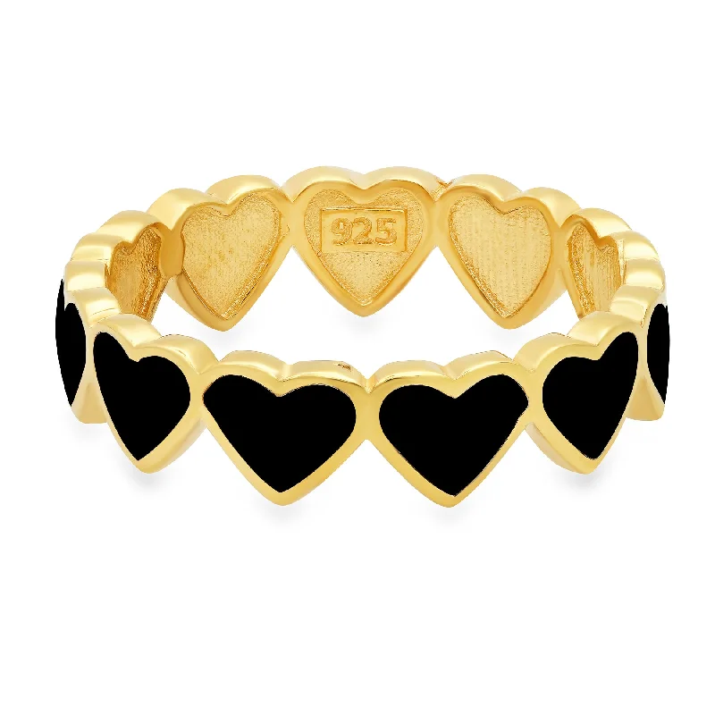 Women’s gemstone rings-BLACK ENAMEL HEARTS RING, GOLD