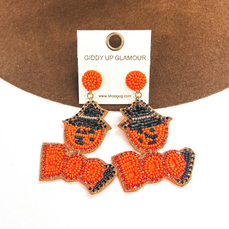 Women’s heart diamond earrings-Little Miss Boo Pumpkin with Witch Hat Post Earrings in Orange and Black