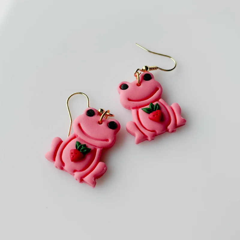 Women’s statement gold earrings-PINK STRAWBERRY FROG EARRINGS