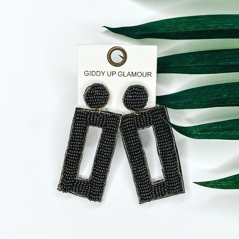 Women’s tribal earrings-Beaded Rectangle Drop Statement Earrings with Gold Trim in Black