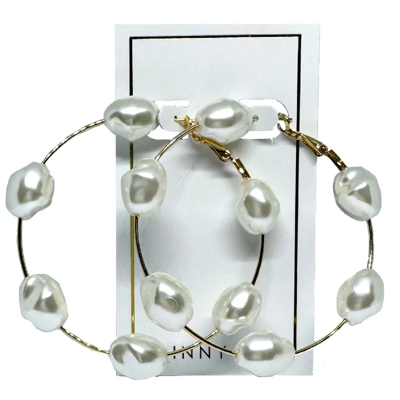 Women’s crystal stud earrings-Linny Co | Rachel Gold Tone Pearl Hoop Earrings