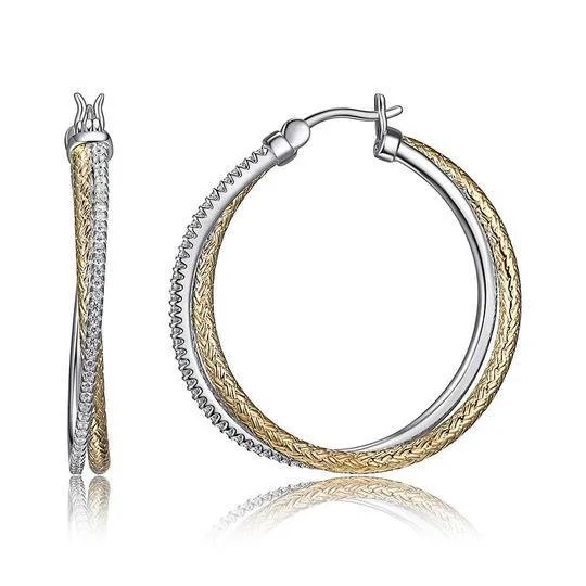 Women’s crystal drop earrings-SS Two-Tone Double CZ Hoop Earrings