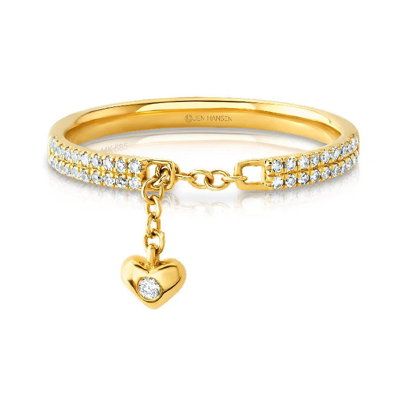 Women’s birthstone rings-Diamond heart dangle ring, 14kt gold