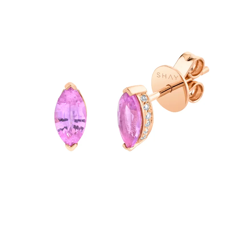 Women’s long dangling earrings-READY TO SHIP PINK SAPPHIRE MARQUISE HALO STUDS