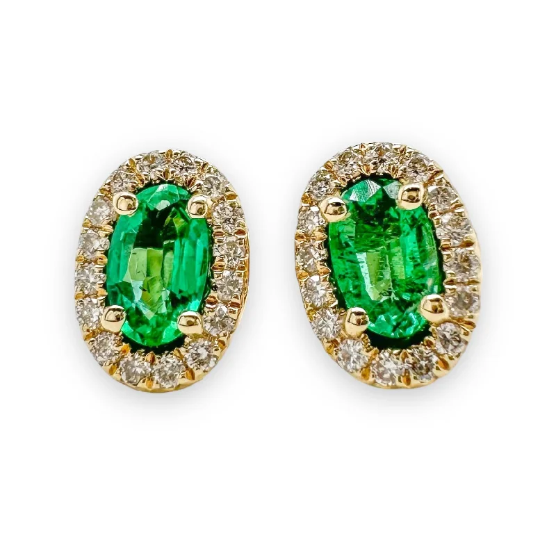 Women’s bridal earrings-14K Y Gold 0.35 Emerald and 0.12ctw Halo Diamond Earrings