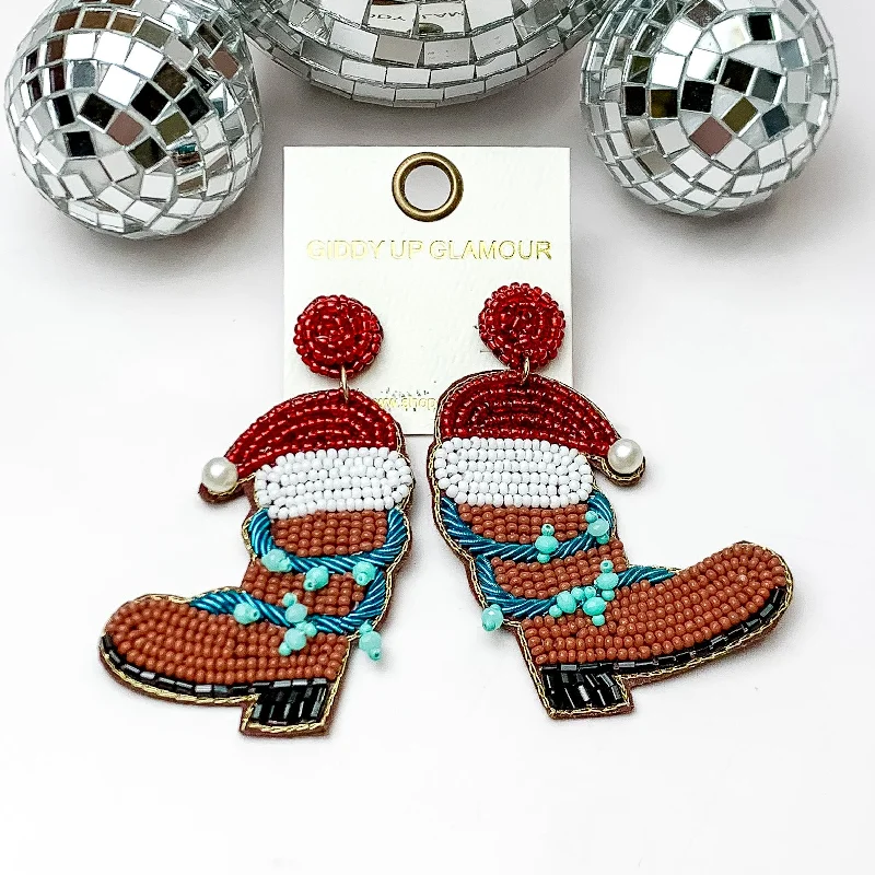 Women’s flower earrings-Beaded Cowboy Boot Earrings with Santa Hat in Brown