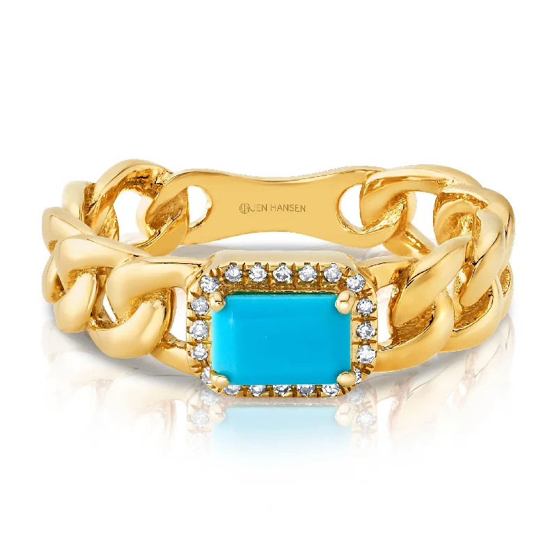 Women’s sterling silver rings-ELEVATED DIAMOND & TURQUOISE CUBAN RING, 14KT GOLD