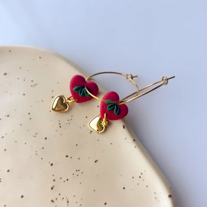 Women’s cuff earrings-STRAWBERRY HEART HOOP EARRINGS