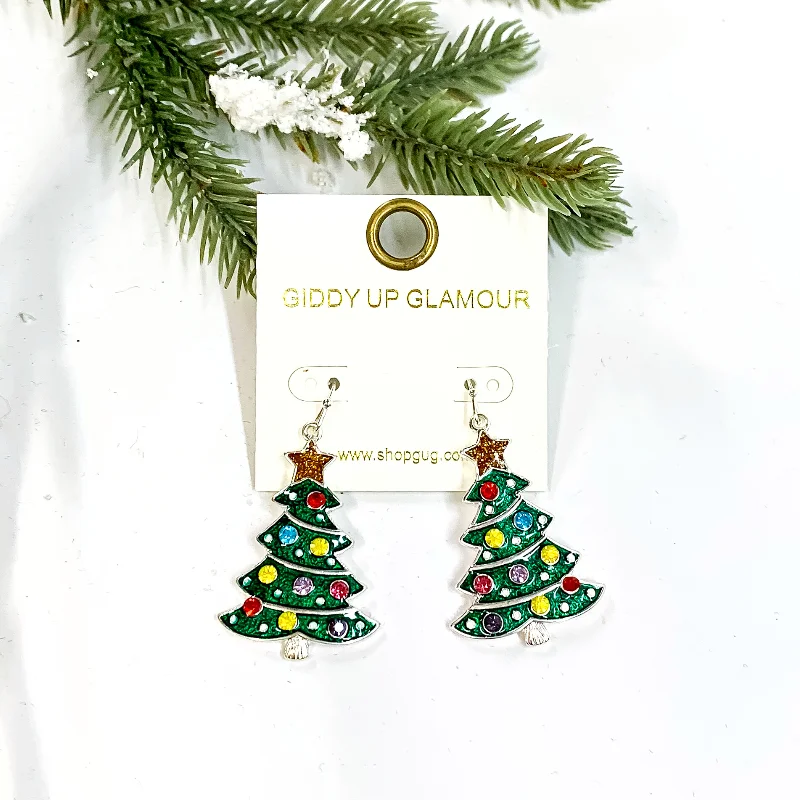 Women’s geometric gold earrings-Christmas Tree Epoxy Earrings with Gold Tone Star and Multicolor Rhinestones