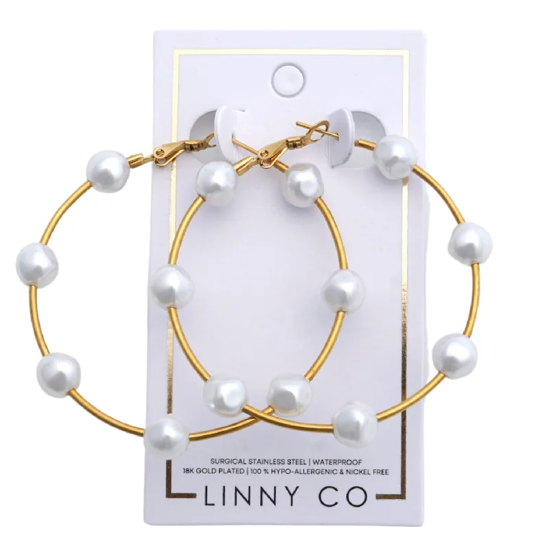 Women’s elegant drop earrings-Linny Co | Leah Gold Tone Hoop Earrings with Pearl Accents