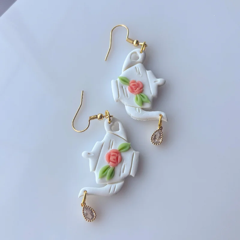 Women’s statement gold earrings-ROSE TEAPOT EARRINGS (WHITE)