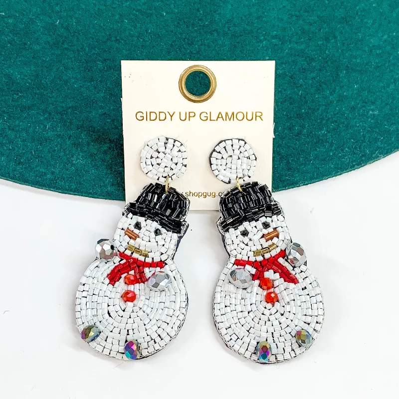 Women’s opal earrings-Beaded Snowman Earrings in White