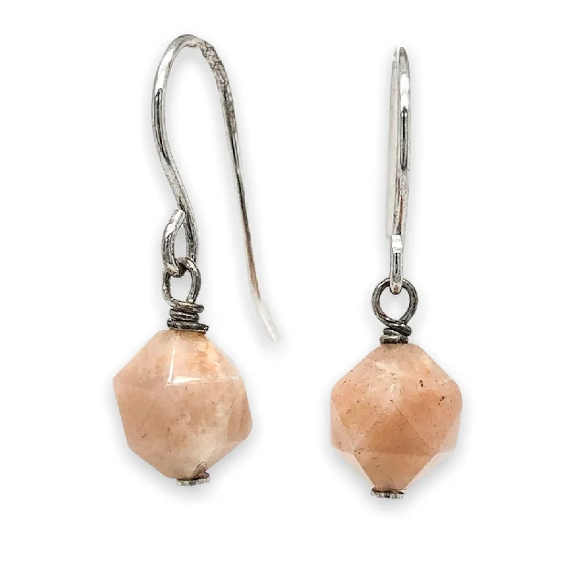 Women’s rainbow earrings-SS Faceted Peach Moonstone Dangle Earrings