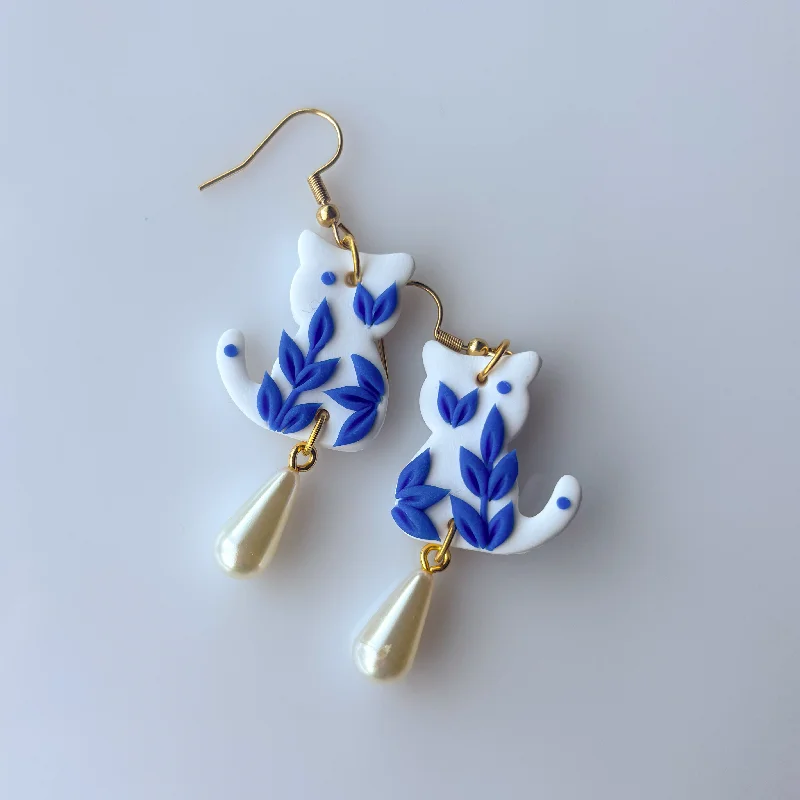 Women’s long dangling earrings-BLUE PORCELAIN CAT EARRINGS