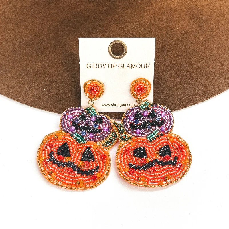 Women’s silver earrings-Two Tiered Seedbeaded and Crystal Pumpkin Post Earrings in Orange and Purple