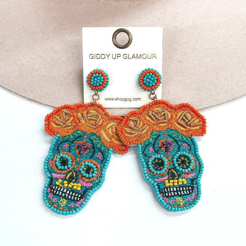 Women’s boho earrings-Memories Keep Us Alive Sugar Skull Post Earrings in Turquoise Blue