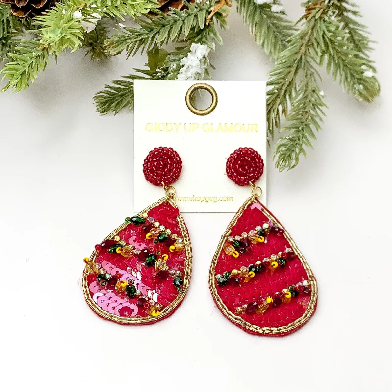 Women’s silver stud earrings-Sequin Beaded Teardrop Earrings with Beaded Tassels in Red