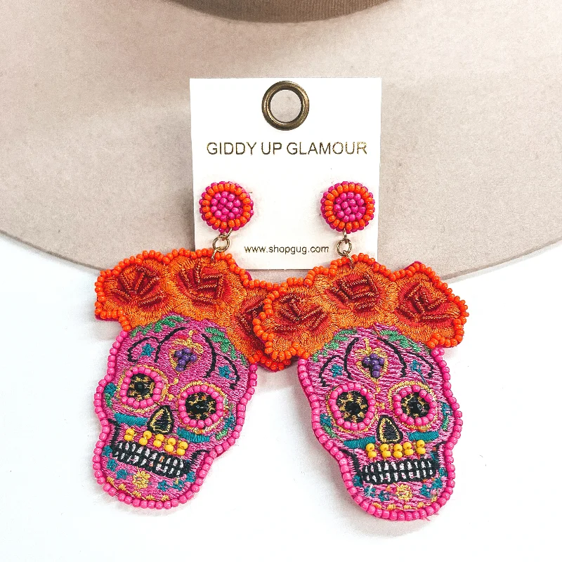 Women’s luxury earrings-Memories Keep Us Alive Sugar Skull Post Earrings in Fuchsia Pink