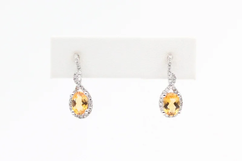 Women’s minimalist earrings-White Gold Citrine and Diamond Dangle Earrings