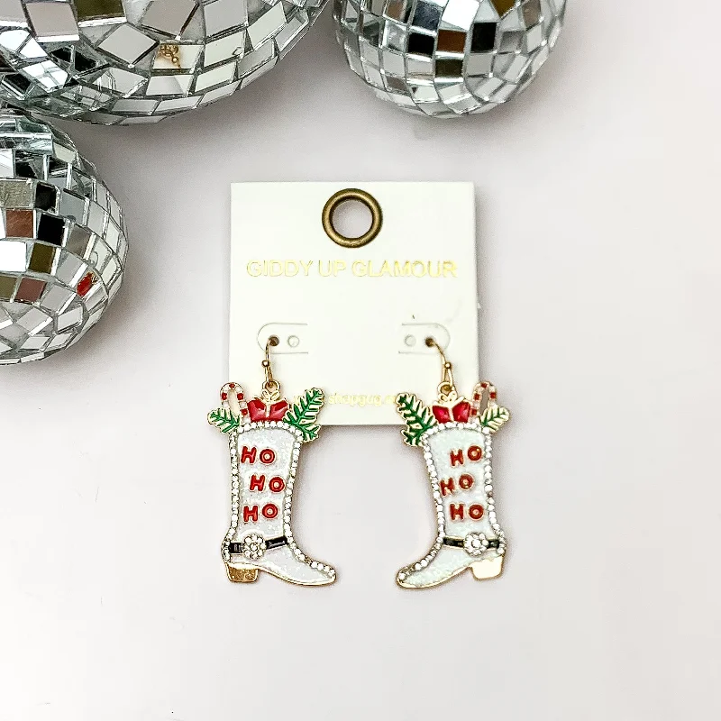 Women’s infinity hoop earrings-HO HO HO Cowboy Boot Drop Earrings in White