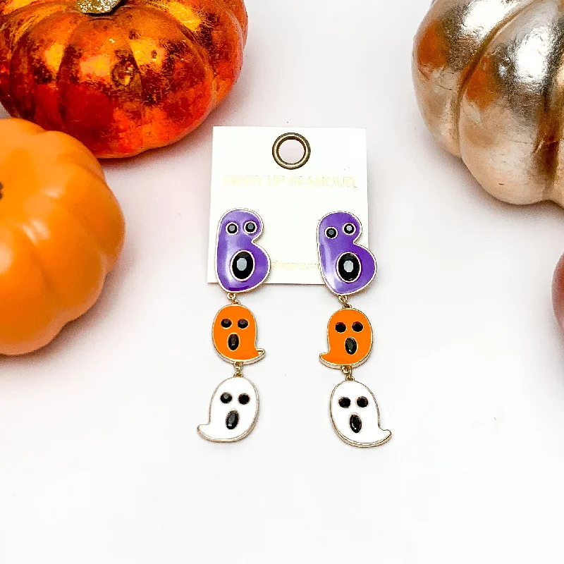 Women’s multi-layer earrings-Ghost Drop Post Earrings with Black Crystals in Purple, Orange, and White