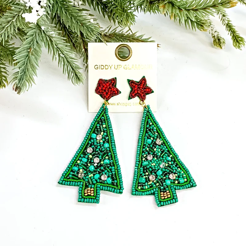 Women’s solid gold earrings-Joyful Holidays Beaded Triangle Christmas Tree Earrings with a Red Star and Clear Crystals