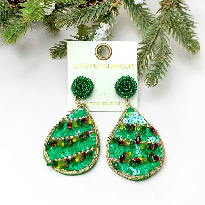 Women’s geometric gold earrings-Sequin Beaded Teardrop Earrings with Beaded Tassels in Green