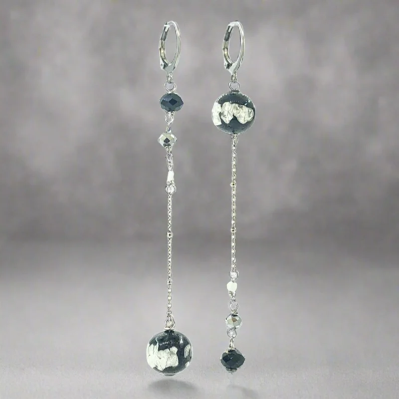 Women’s butterfly earrings-STST Black & White Murano Glass Bead Inside Out Dangle Earrings