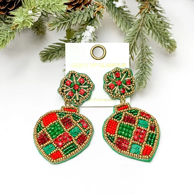 Women’s gold-plated earrings-Beaded Post Back Ornament Earrings in Red and Green