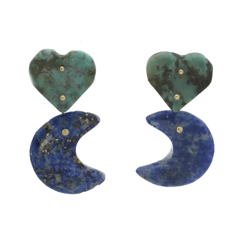 Women’s dangle earrings-Mobile Earrings African Jasper Heart and Lapis Moons