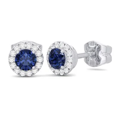 Women’s luxury earrings-14K W Gold 0.10ctw Diamond 0.30ctw Blue Sapphire Round Halo Earrings