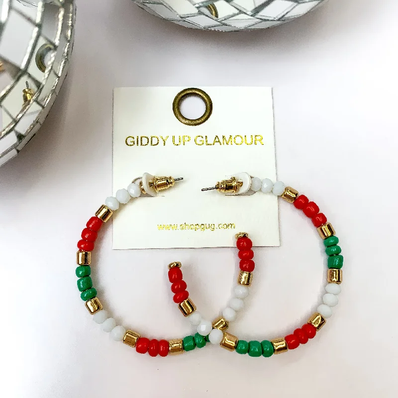 Women’s two-tone earrings-Candy Cane Lane Hoop Earrings in Gold Tone with Red, White, and Green Beads