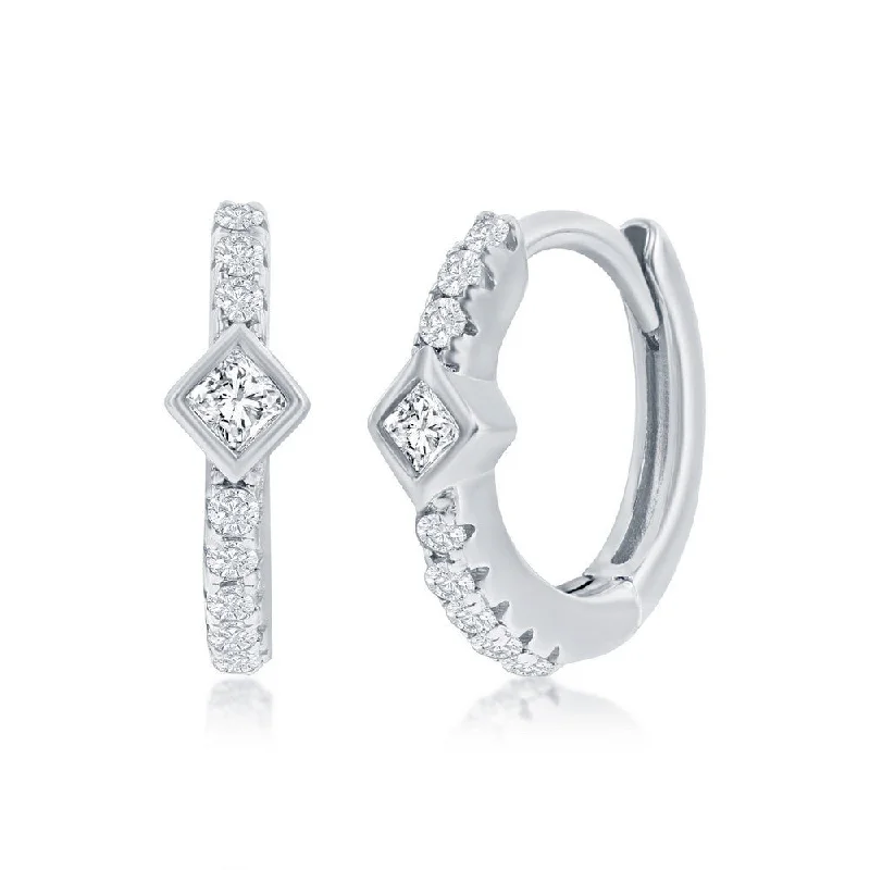 Women’s crystal stud earrings-SS 11MM Center Square CZ Huggie Hoop Earrings