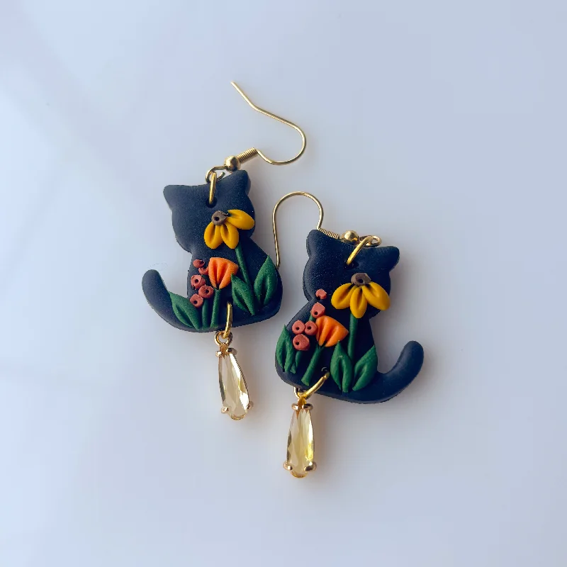 Women’s dangling earrings-BLACK FLORAL CAT EARRINGS