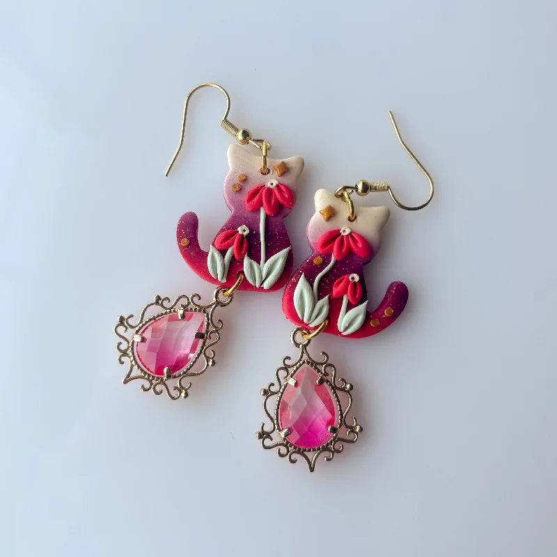 Women’s chandelier earrings-PRINCESS PINK FLORAL CAT EARRINGS