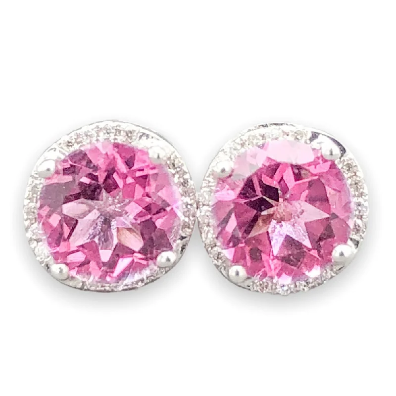 Women’s twisted gold earrings-14K W Gold 1.5cttw Pink Topaz & 0.04cttw SI1/G-H Diamond Halo Stud Earrings