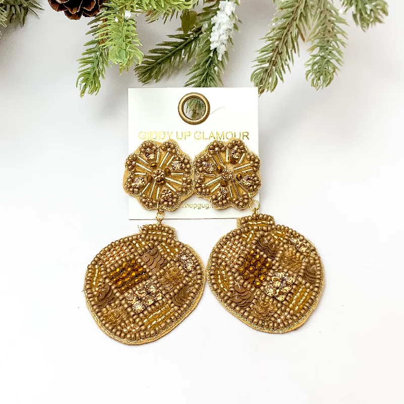 Women’s geometric earrings-Beaded Post Back Ornament Earrings in Gold Tone