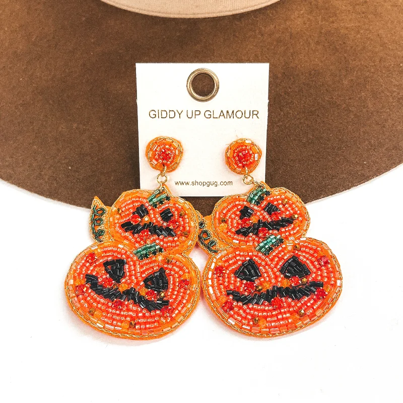 Women’s drop earrings-Two Tiered Seedbeaded and Crystal Pumpkin Post Earrings in Orange