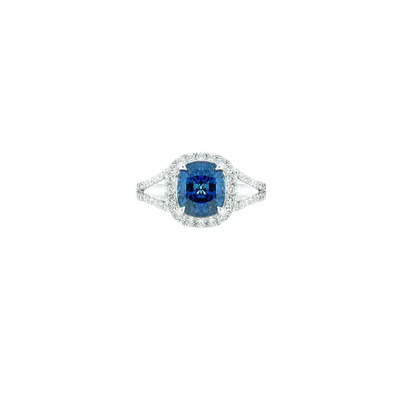 Women’s custom-designed rings-18 Karat White Gold Cushion Cut Blue Sapphire Ring