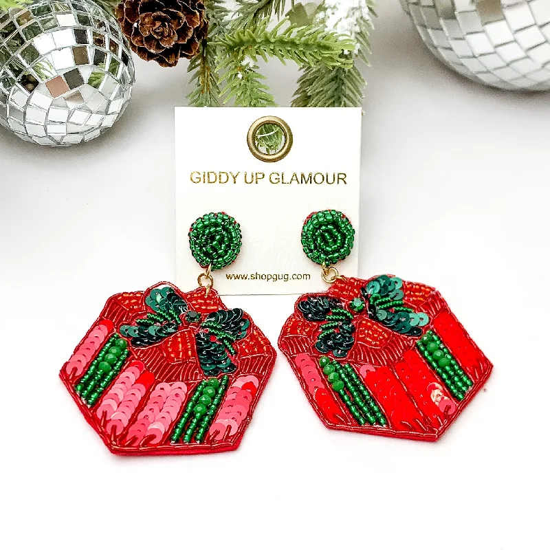 Women’s personalized stud earrings-Beaded Present Box Earrings in Red and Green