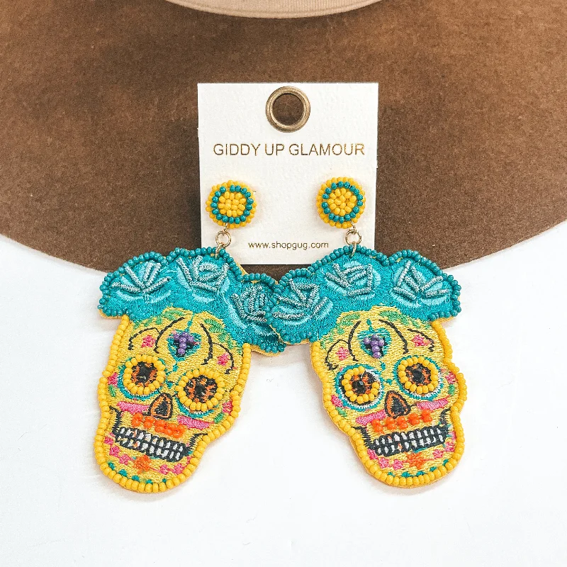 Women’s crystal earrings-Memories Keep Us Alive Sugar Skull Post Earrings in Yellow