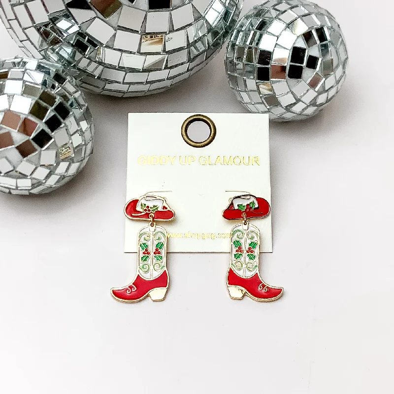 Women’s hoop earrings with diamonds-Christmas Cowboy Hat and Boot Drop Earrings in White and Red