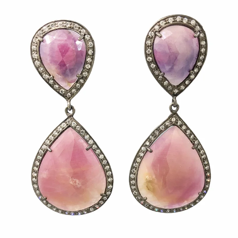 Women’s long earrings-Antiqued SS Pink Sapphire & White Topaz Dangle Earrings