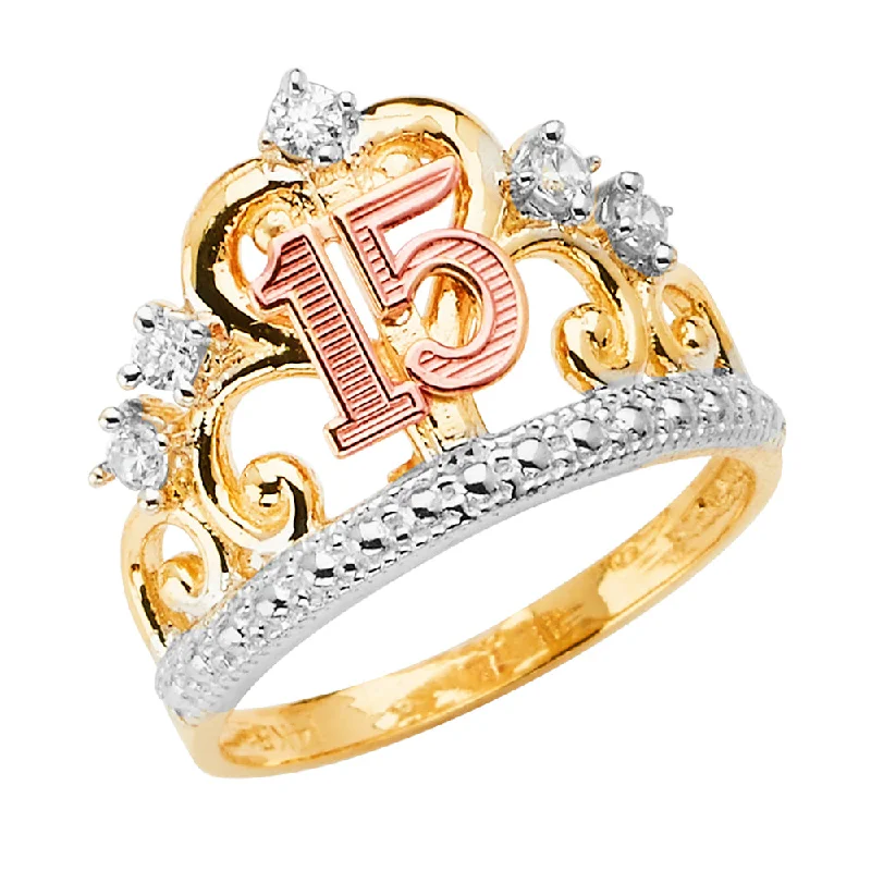 Women’s engraved rings-14K 15 YEARS CROWN CZ RING