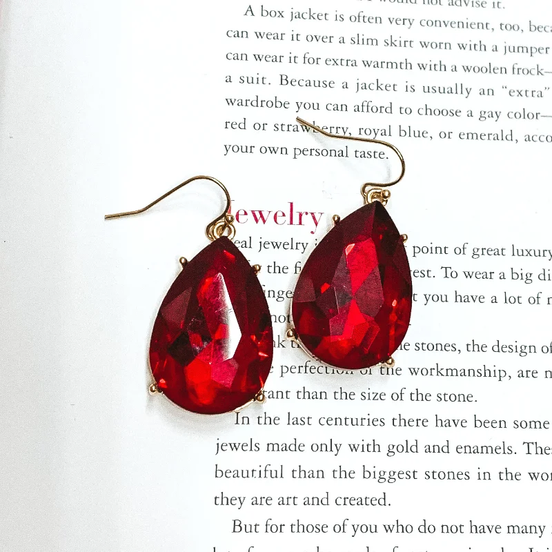 Women’s beaded earrings-Pink Panache | Large Red Teardrop Crystals on Gold Fish Hook Earrings