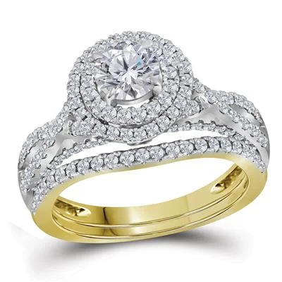 Women’s luxury wedding rings-14K ROUND DIAMOND HALO BRIDALRING SET 1-3/4 CTTW