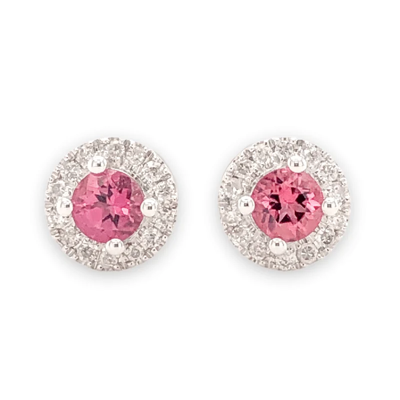 Women’s rose gold earrings-14K W Gold 0.10cttw Diamond 0.30cttw Pink Tourmaline Round Halo Earrings